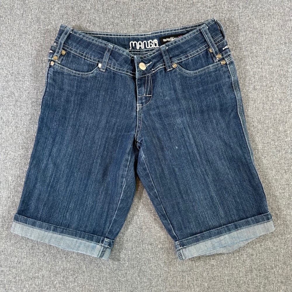 Mango Shorts Womens 14 Denim Dark Wash Heart Embroidered Cuffed Bermuda Stretch